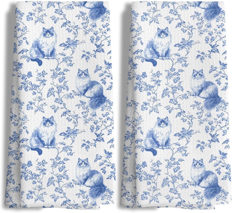 Nipil Chinoiserie Floral Ragdoll Kitchen Towels Set of 2,Blue and White Cat Decor Kitchen Dish Tea Towels Bathroom Gifts for cat Lovers Women Men,16x24 Inch - Image 1